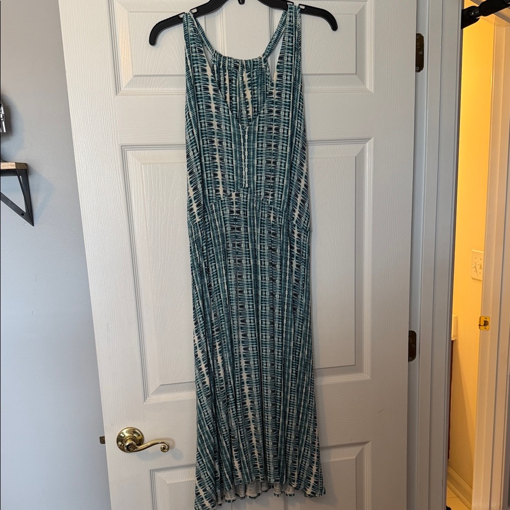 CAbi Teal and White Tye-Dye Midi Dress w/racer back